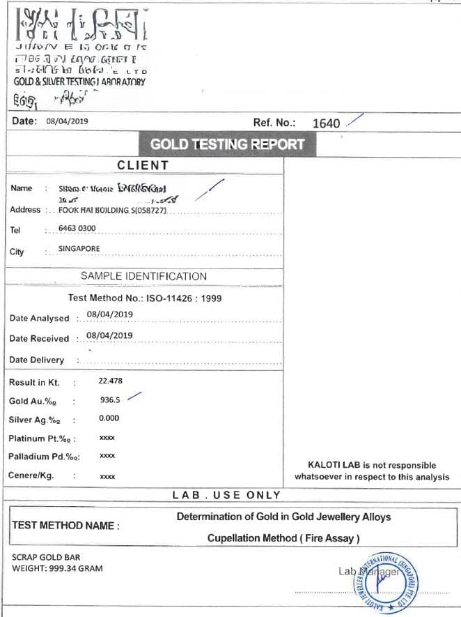 Certified assay report